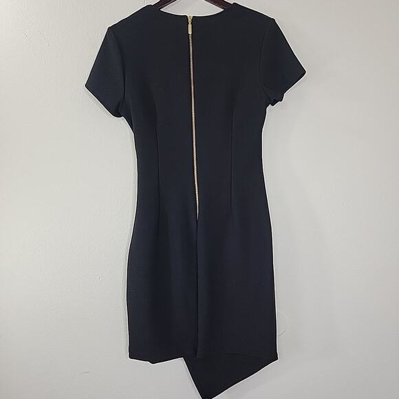 Bisou Bisou Black Ruched V-Neck Dress Gold Zipper Asym Hem Size 12 Stretchy - Picture 4 of 7